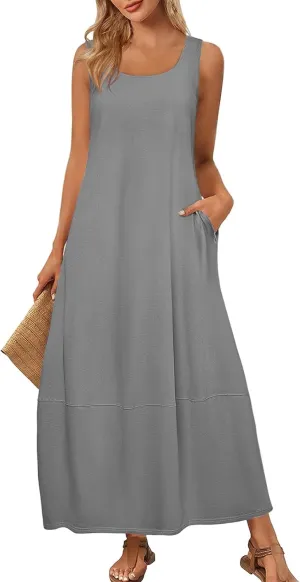 Women's Sleeveless Maxi Casual Loose Fit Long Sundress with Pockets for Summer Beach Vacation