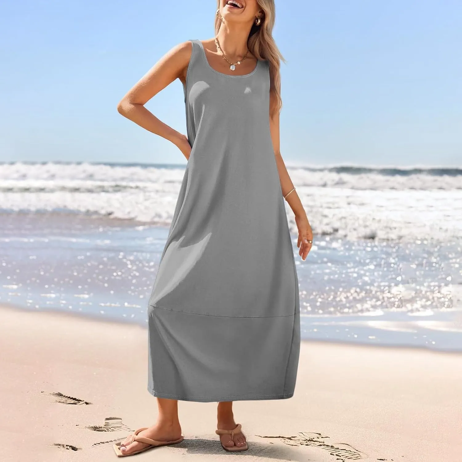 Women's Sleeveless Maxi Casual Loose Fit Long Sundress with Pockets for Summer Beach Vacation