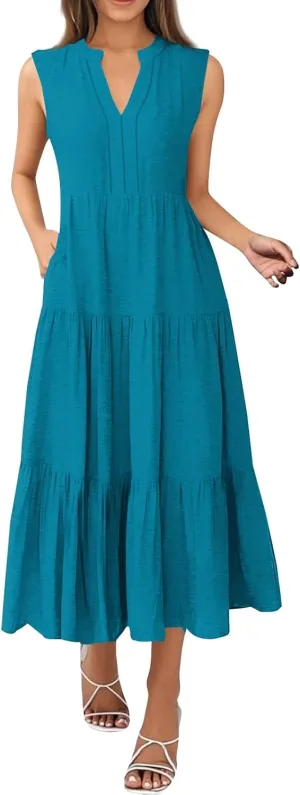 Women's Sleeveless V-Neck Tiered Maxi Dress Elegant Summer Casual Loose Fit with Pockets Perfect for Beach & Party