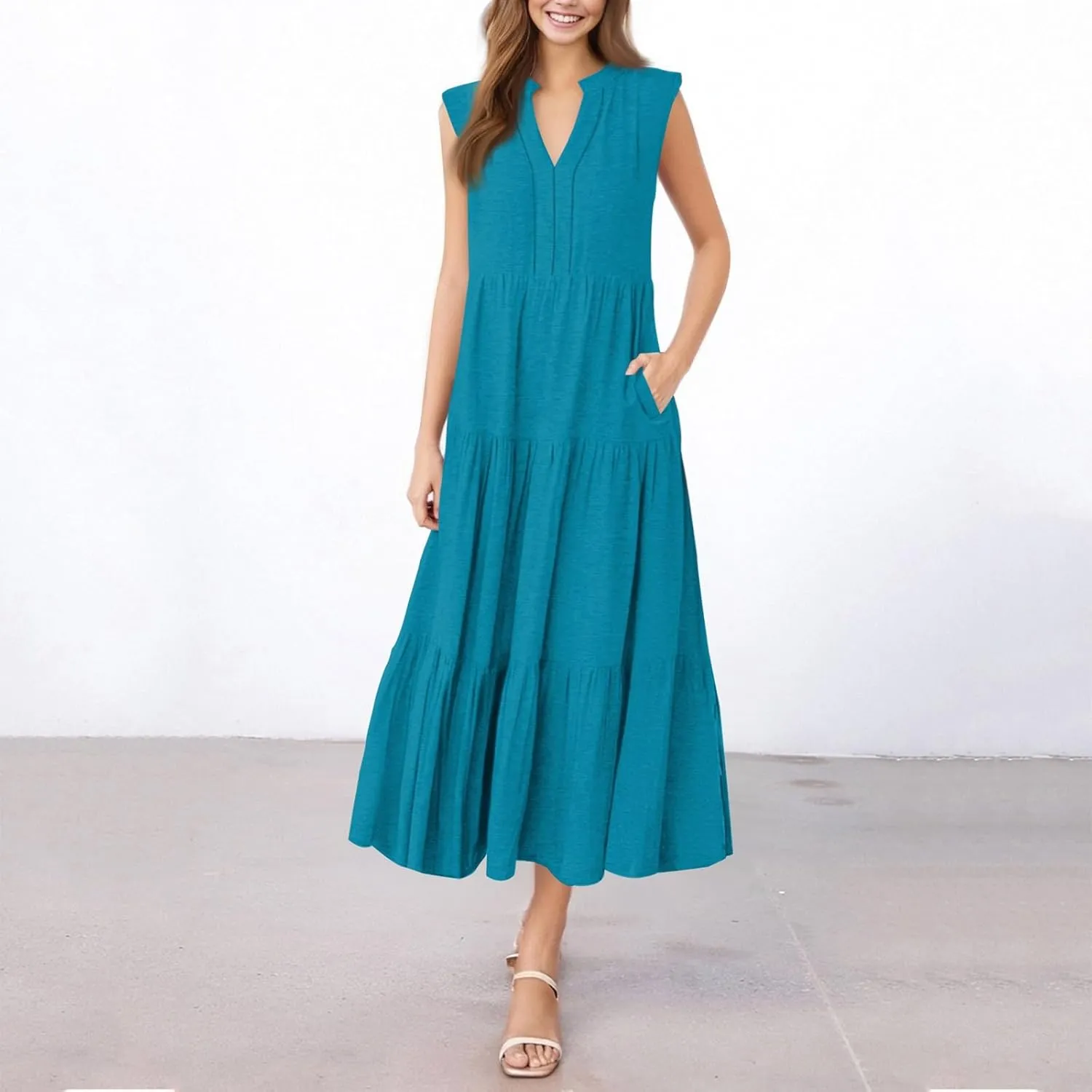 Women's Sleeveless V-Neck Tiered Maxi Dress Elegant Summer Casual Loose Fit with Pockets Perfect for Beach & Party