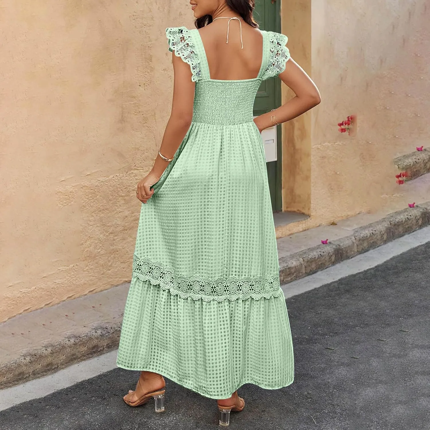 Women's Smocked Summer Maxi Dresses 2025 Ruffle Sleeveless Square Neck Lace Detail Flowy Long Sundress