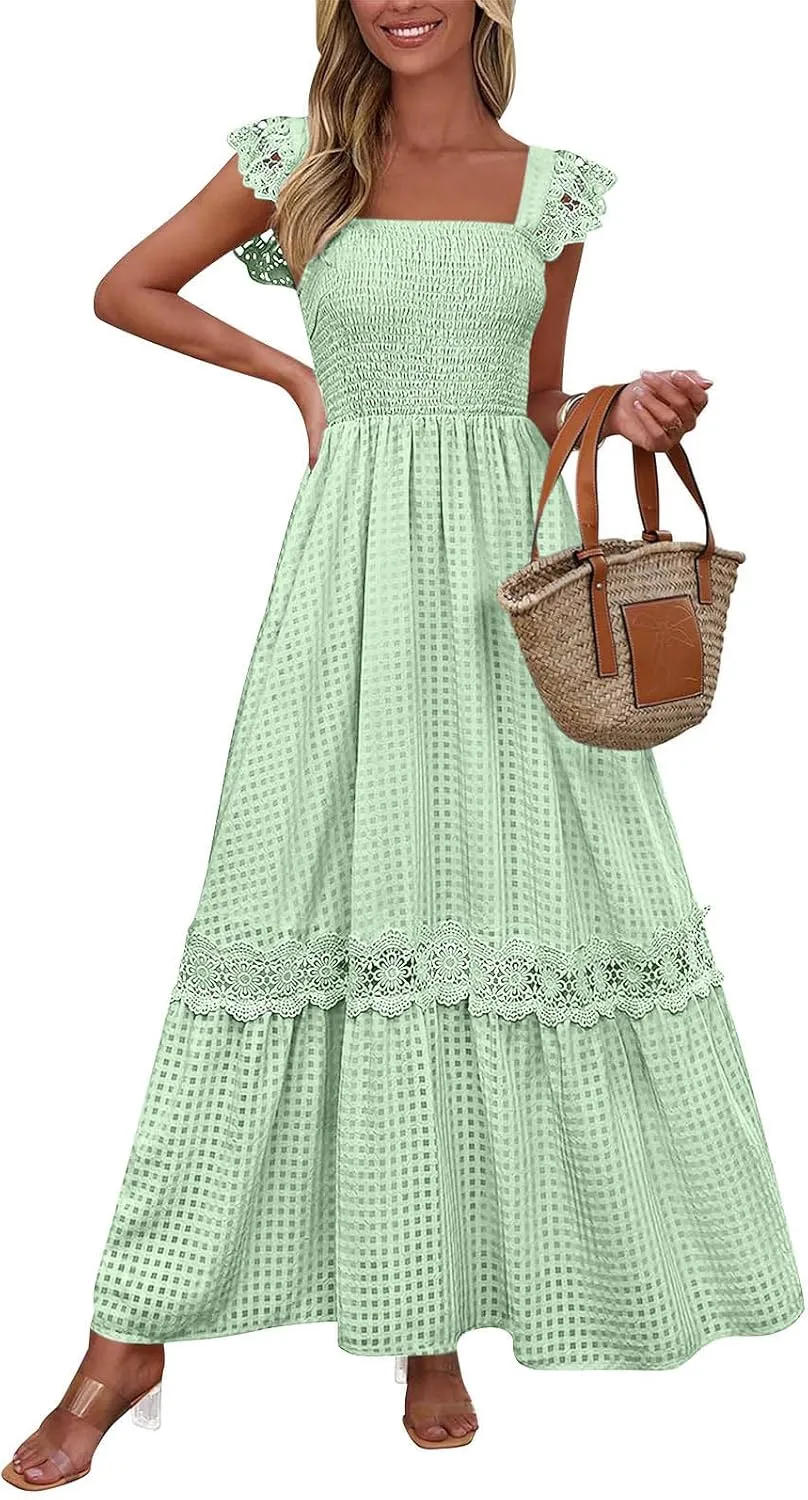 Women's Smocked Summer Maxi Dresses 2025 Ruffle Sleeveless Square Neck Lace Detail Flowy Long Sundress