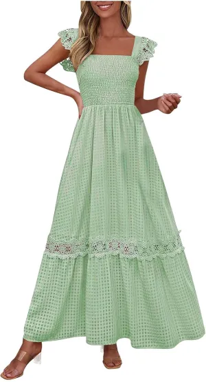 Women's Smocked Summer Maxi Dresses 2025 Ruffle Sleeveless Square Neck Lace Detail Flowy Long Sundress