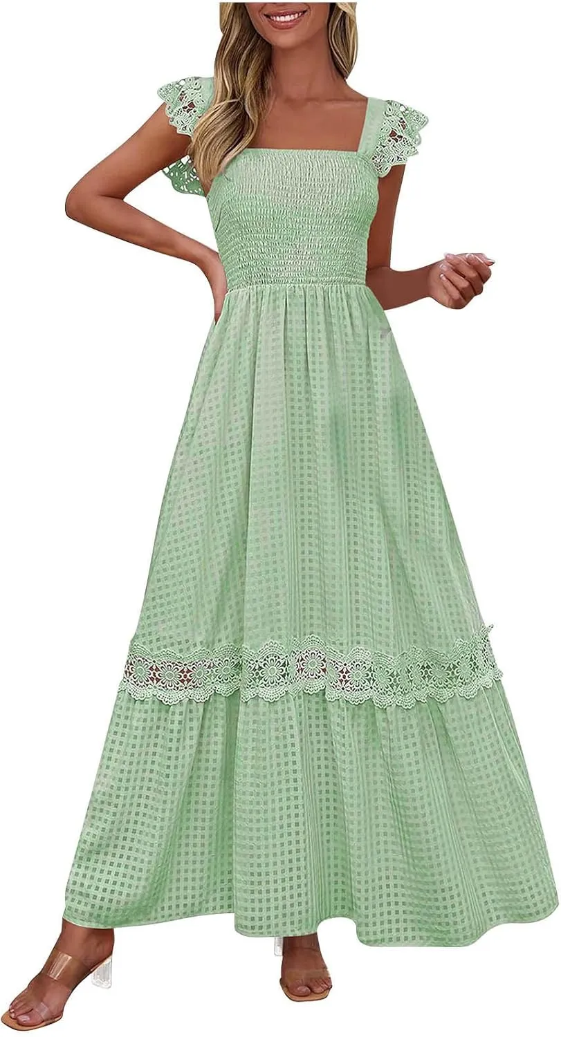 Women's Smocked Summer Maxi Dresses 2025 Ruffle Sleeveless Square Neck Lace Detail Flowy Long Sundress