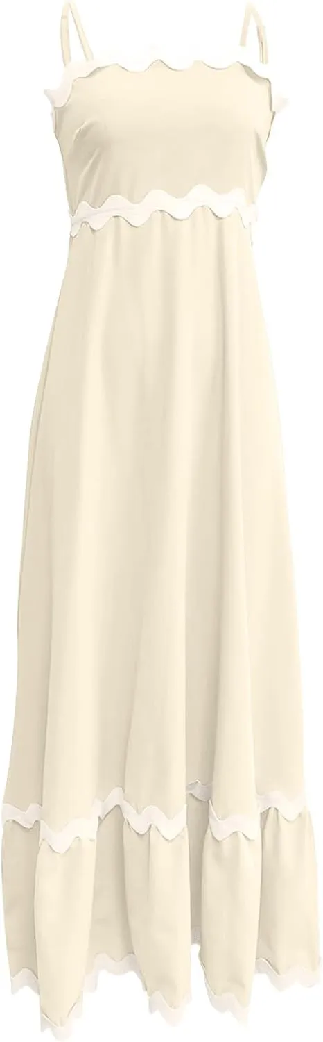Womens Spaghetti Strap Sleeveless Rickrack Trim Dress Summer Casual Comfy A-Line Maxi Dress Vocation Flowy Long Dress