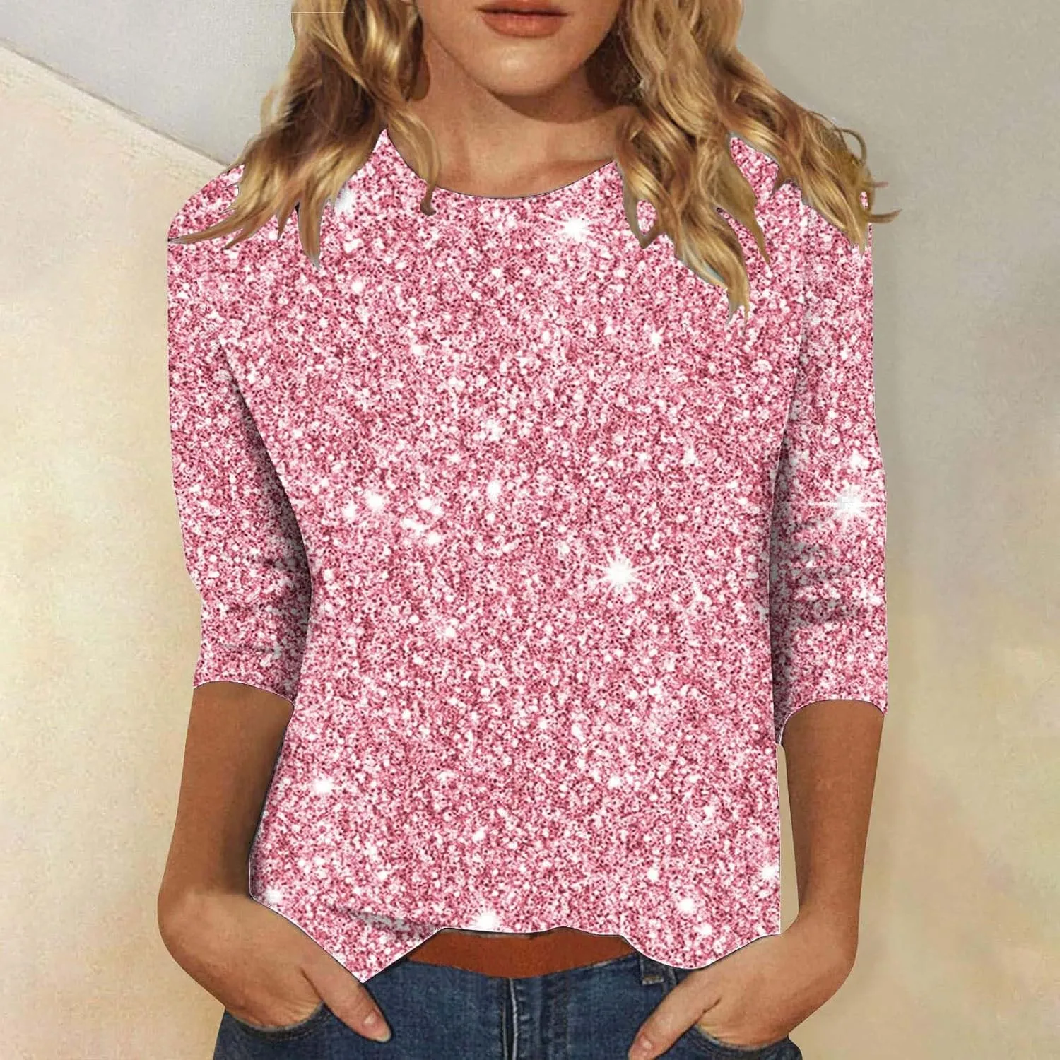Womens Sparkle T Shirts Casual Glitter Dressy Flowy Tops Comfy Round Neck Long Sleeve Blouse Trendy 2024 Fall Clothes