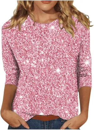 Womens Sparkle T Shirts Casual Glitter Dressy Flowy Tops Comfy Round Neck Long Sleeve Blouse Trendy 2024 Fall Clothes