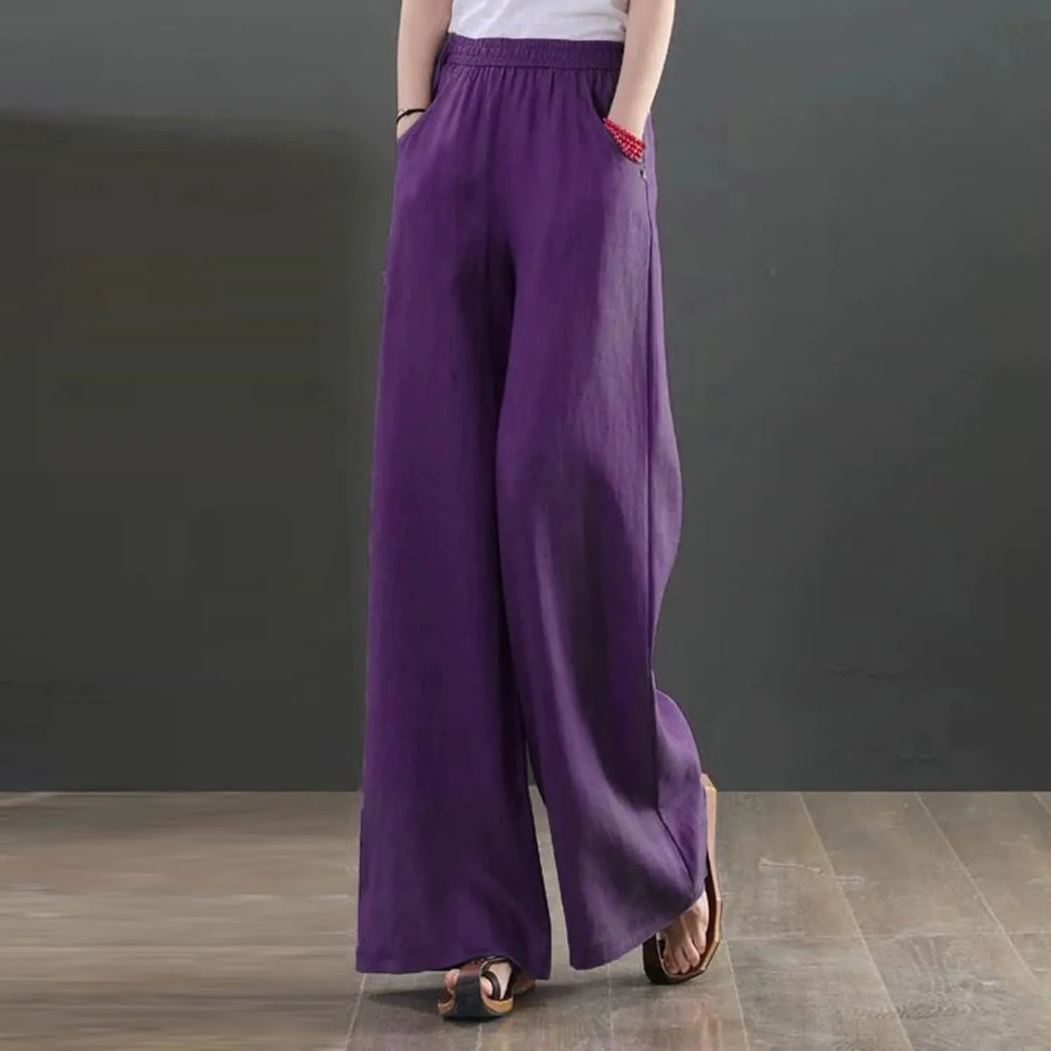 Womens Straight-Leg Pull-on Pants Cotton Linen Trousers Palazzo Lounge Pants Slacks Summer Casual Comfy Loose Pants