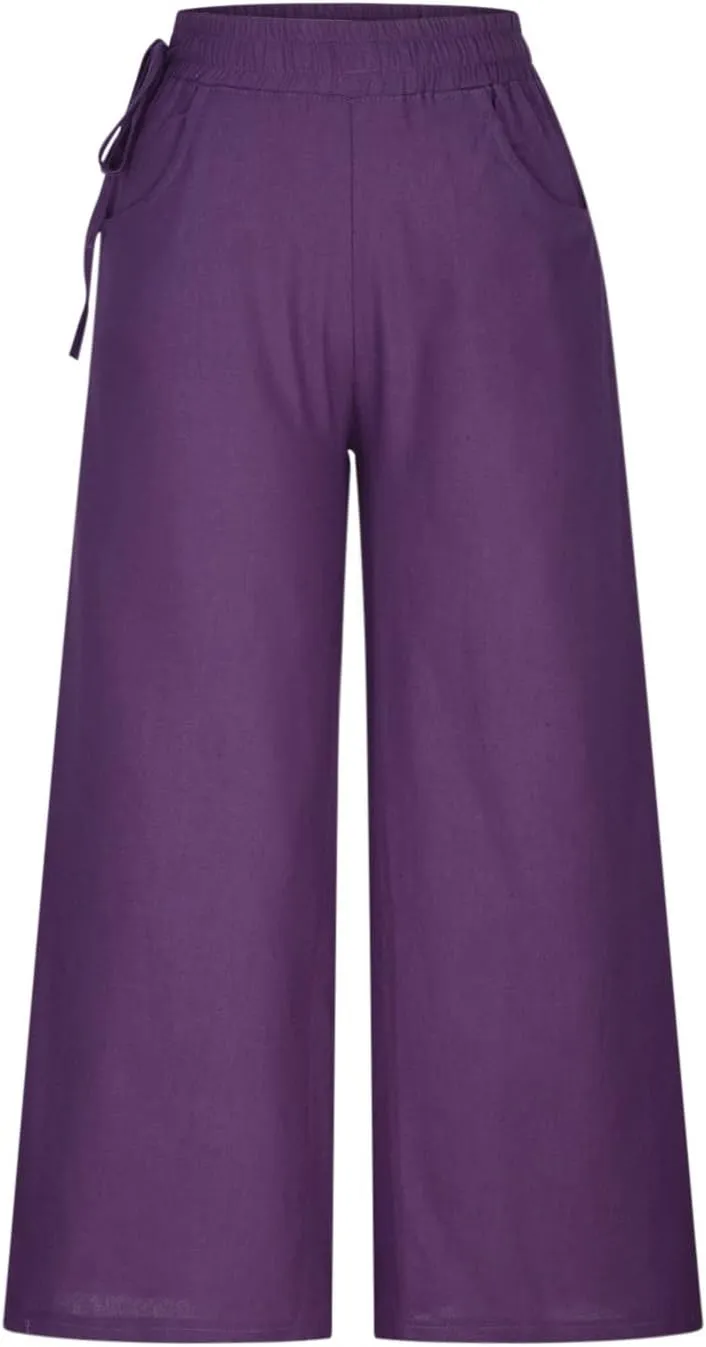 Womens Straight-Leg Pull-on Pants Cotton Linen Trousers Palazzo Lounge Pants Slacks Summer Casual Comfy Loose Pants