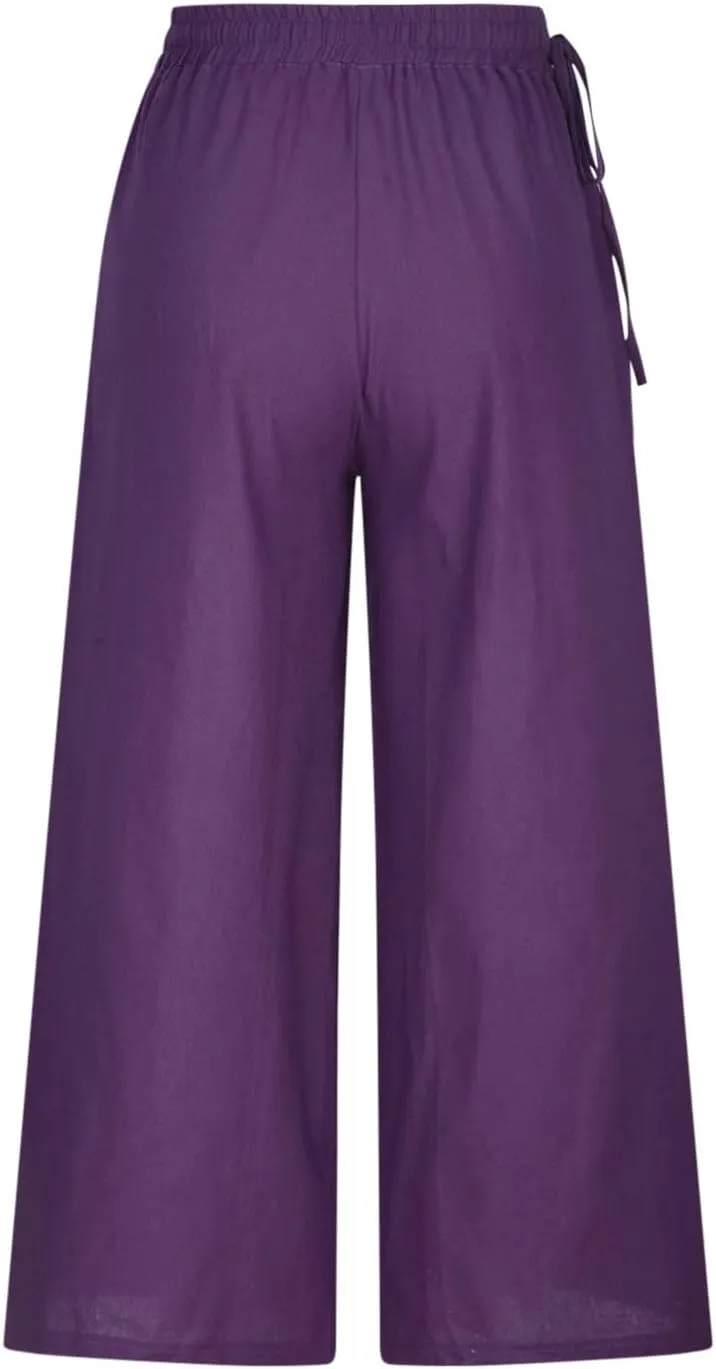 Womens Straight-Leg Pull-on Pants Cotton Linen Trousers Palazzo Lounge Pants Slacks Summer Casual Comfy Loose Pants
