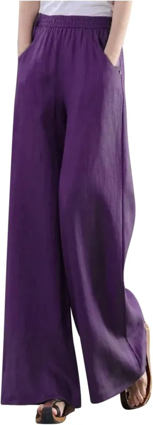Womens Straight-Leg Pull-on Pants Cotton Linen Trousers Palazzo Lounge Pants Slacks Summer Casual Comfy Loose Pants