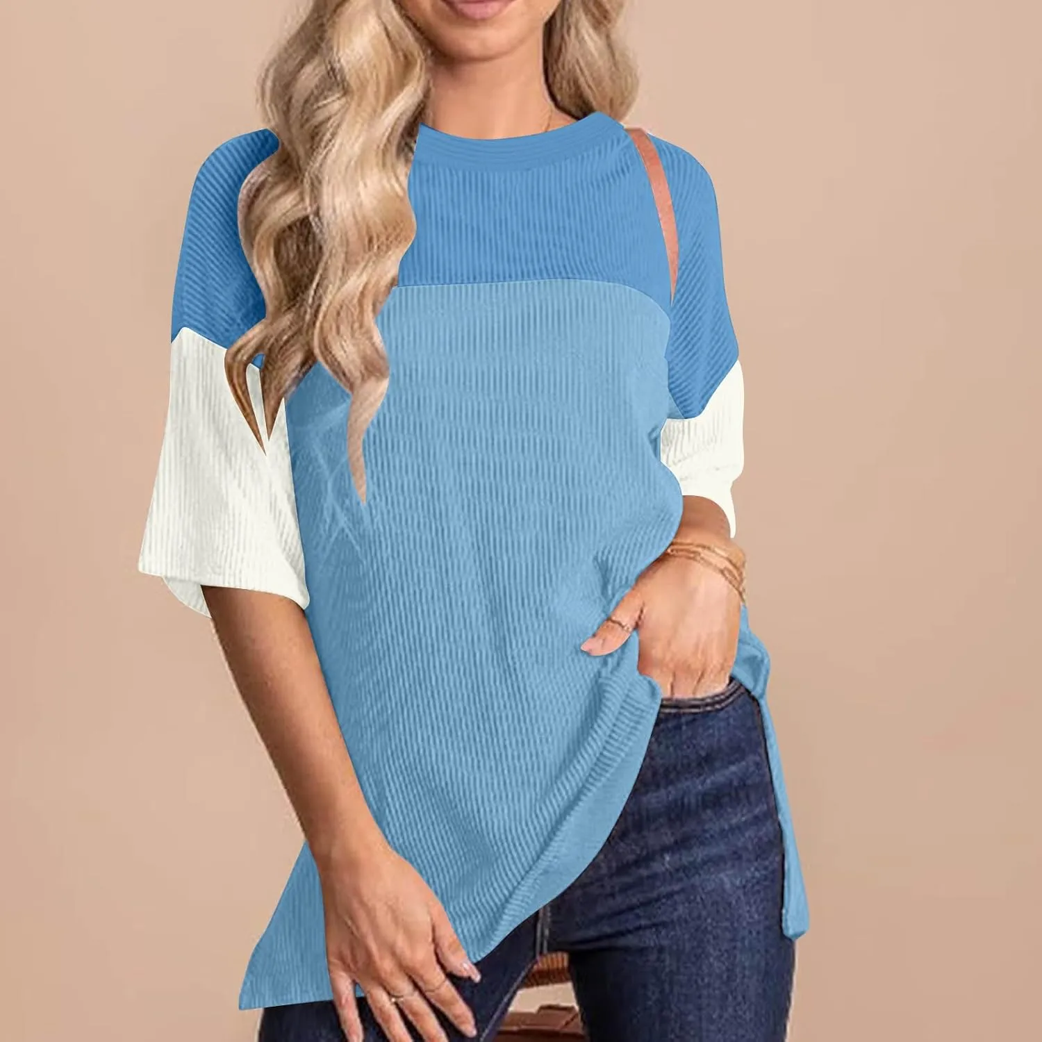 Womens Summer Casual Ribbed Knit Shirts Fashion Colorblocking Tops Blouse Short-Sleeved Round Neck Blouse