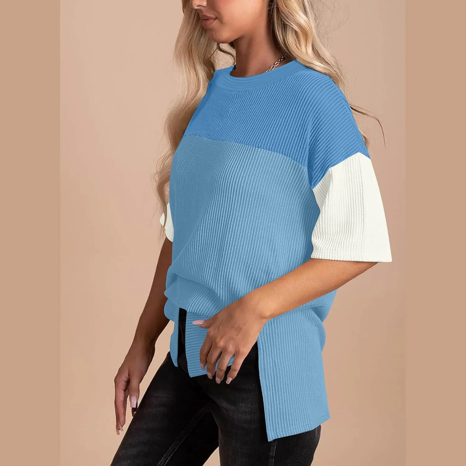 Womens Summer Casual Ribbed Knit Shirts Fashion Colorblocking Tops Blouse Short-Sleeved Round Neck Blouse