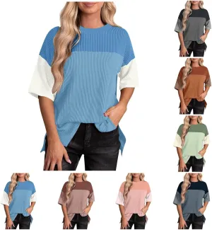 Womens Summer Casual Ribbed Knit Shirts Fashion Colorblocking Tops Blouse Short-Sleeved Round Neck Blouse