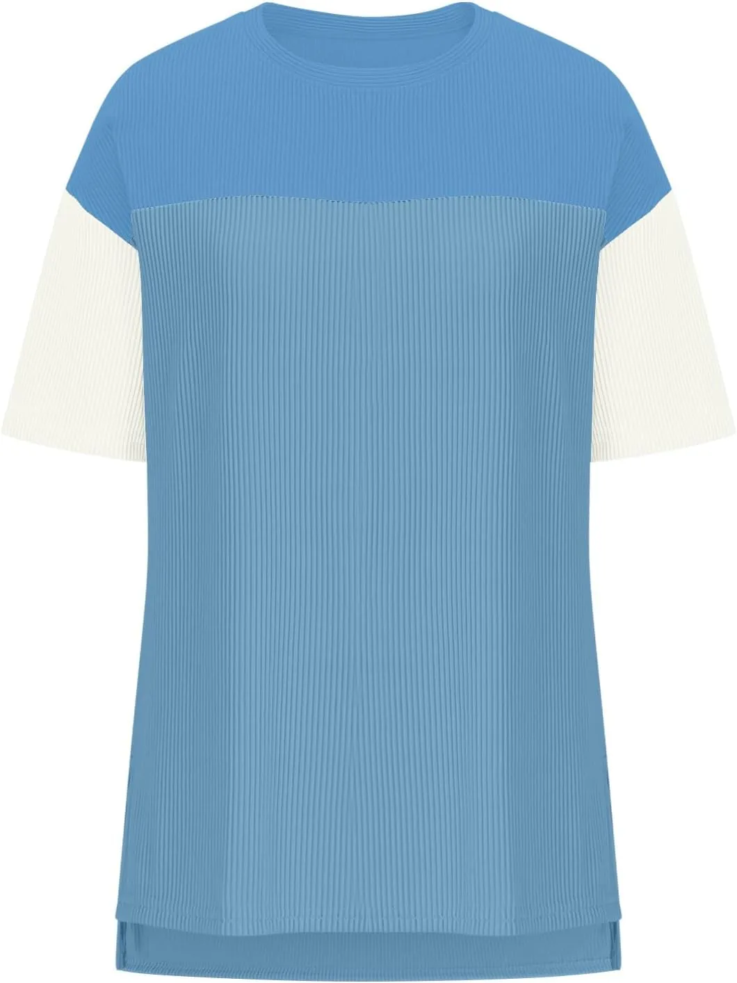 Womens Summer Casual Ribbed Knit Shirts Fashion Colorblocking Tops Blouse Short-Sleeved Round Neck Blouse