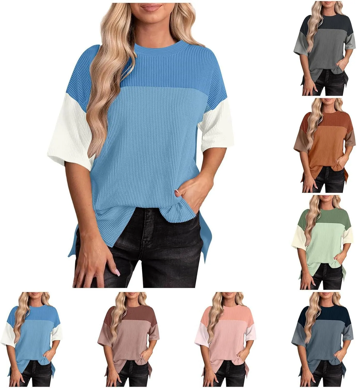 Womens Summer Casual Ribbed Knit Shirts Fashion Colorblocking Tops Blouse Short-Sleeved Round Neck Blouse