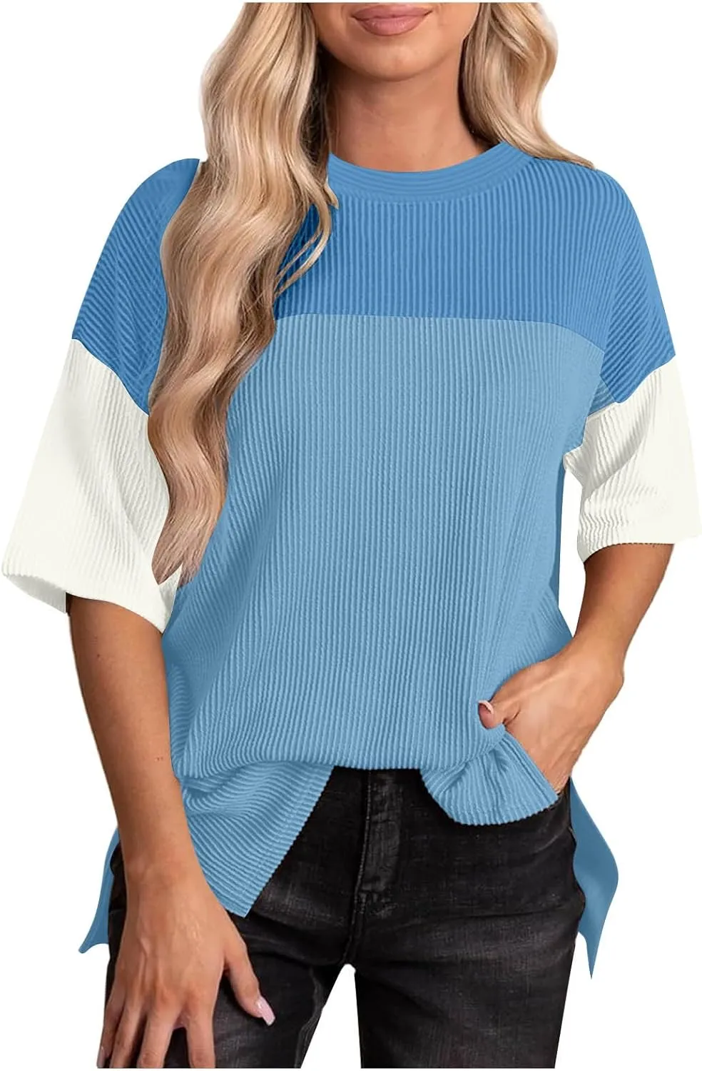 Womens Summer Casual Ribbed Knit Shirts Fashion Colorblocking Tops Blouse Short-Sleeved Round Neck Blouse
