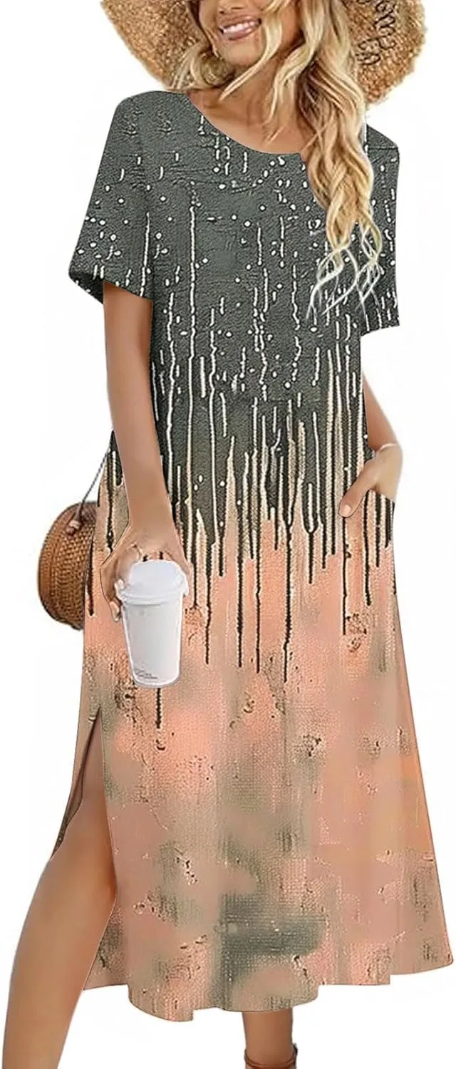 Womens Summer Dresses Casual Boho Floral Print Short Sleeve Midi Sundress Loose Fit Fashion Dress with Pockets