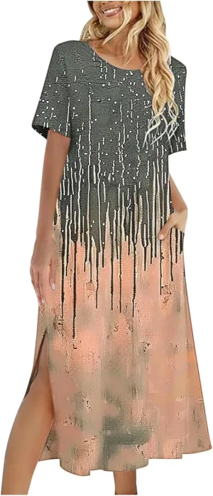 Womens Summer Dresses Casual Boho Floral Print Short Sleeve Midi Sundress Loose Fit Fashion Dress with Pockets