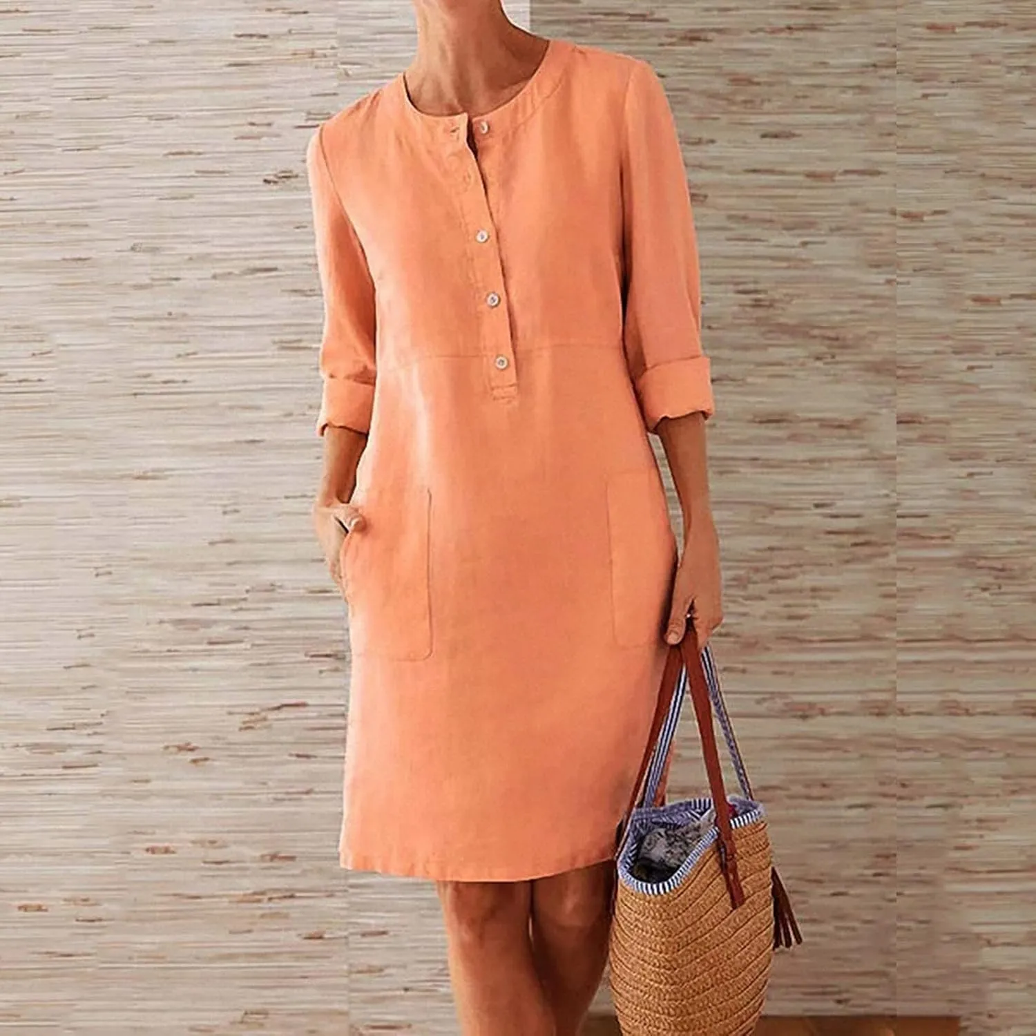 Womens Summer Dresses Plus Size Casual Cotton Linen Long Sleeve Mini Sundress Button Loose Fit Dress with Pockets