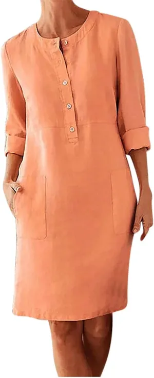 Womens Summer Dresses Plus Size Casual Cotton Linen Long Sleeve Mini Sundress Button Loose Fit Dress with Pockets