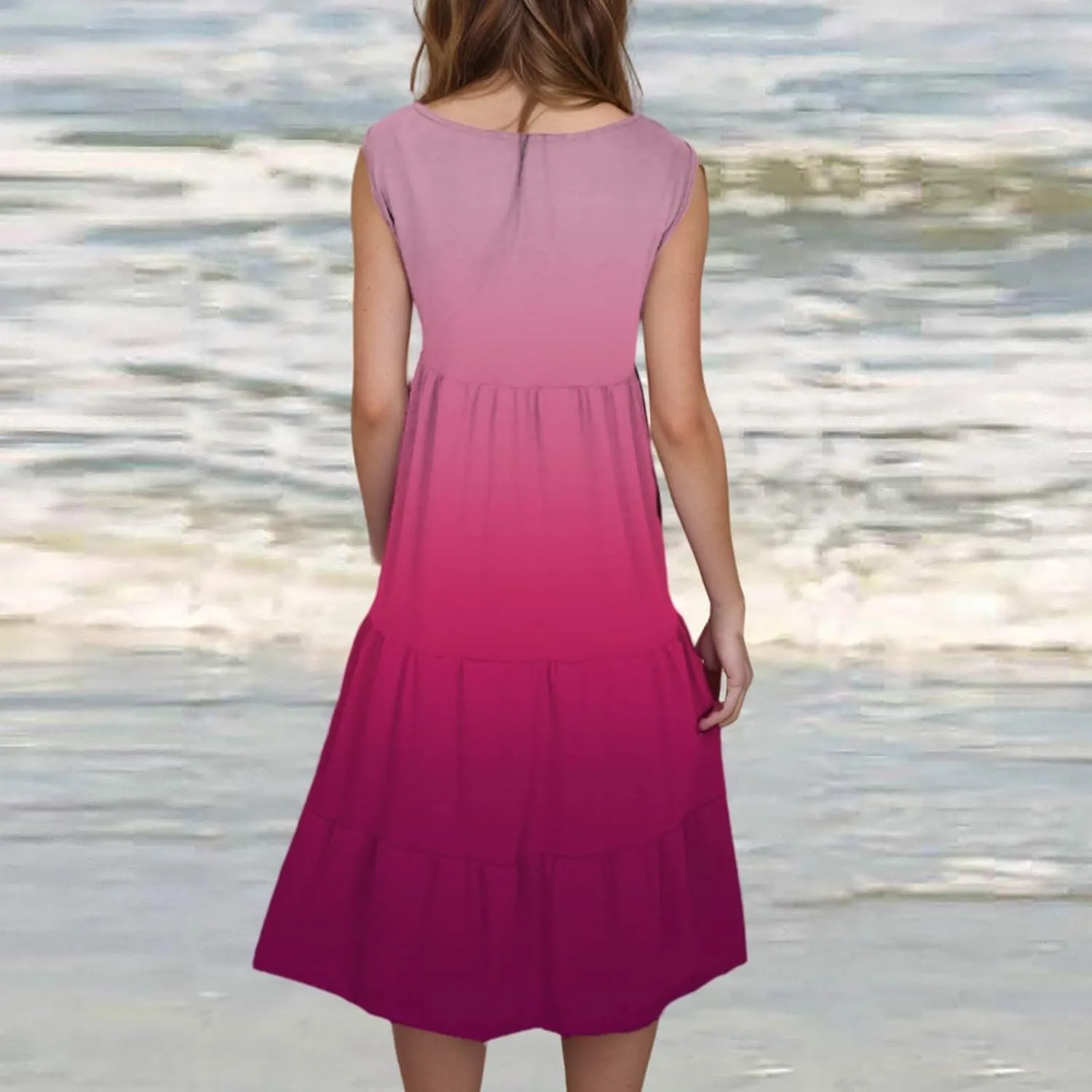 Women's Summer Elegant Dress Sleeveless Round Neck Fashion Skirts Pleated Comfy Gradient Color Dresses Walking