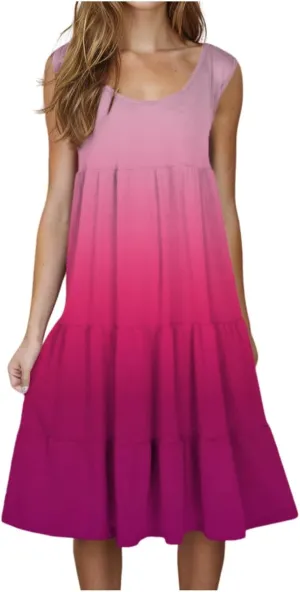 Women's Summer Elegant Dress Sleeveless Round Neck Fashion Skirts Pleated Comfy Gradient Color Dresses Walking
