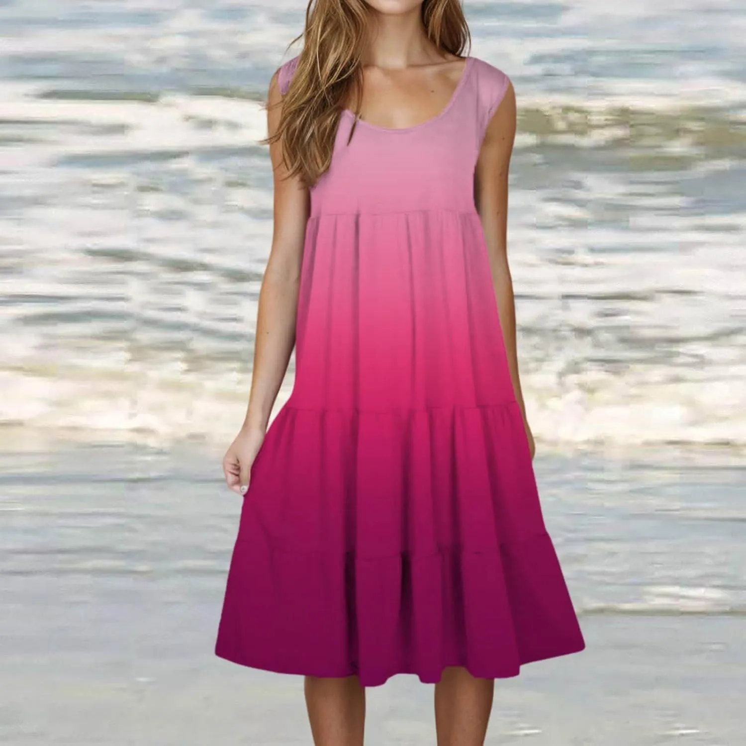 Women's Summer Elegant Dress Sleeveless Round Neck Fashion Skirts Pleated Comfy Gradient Color Dresses Walking