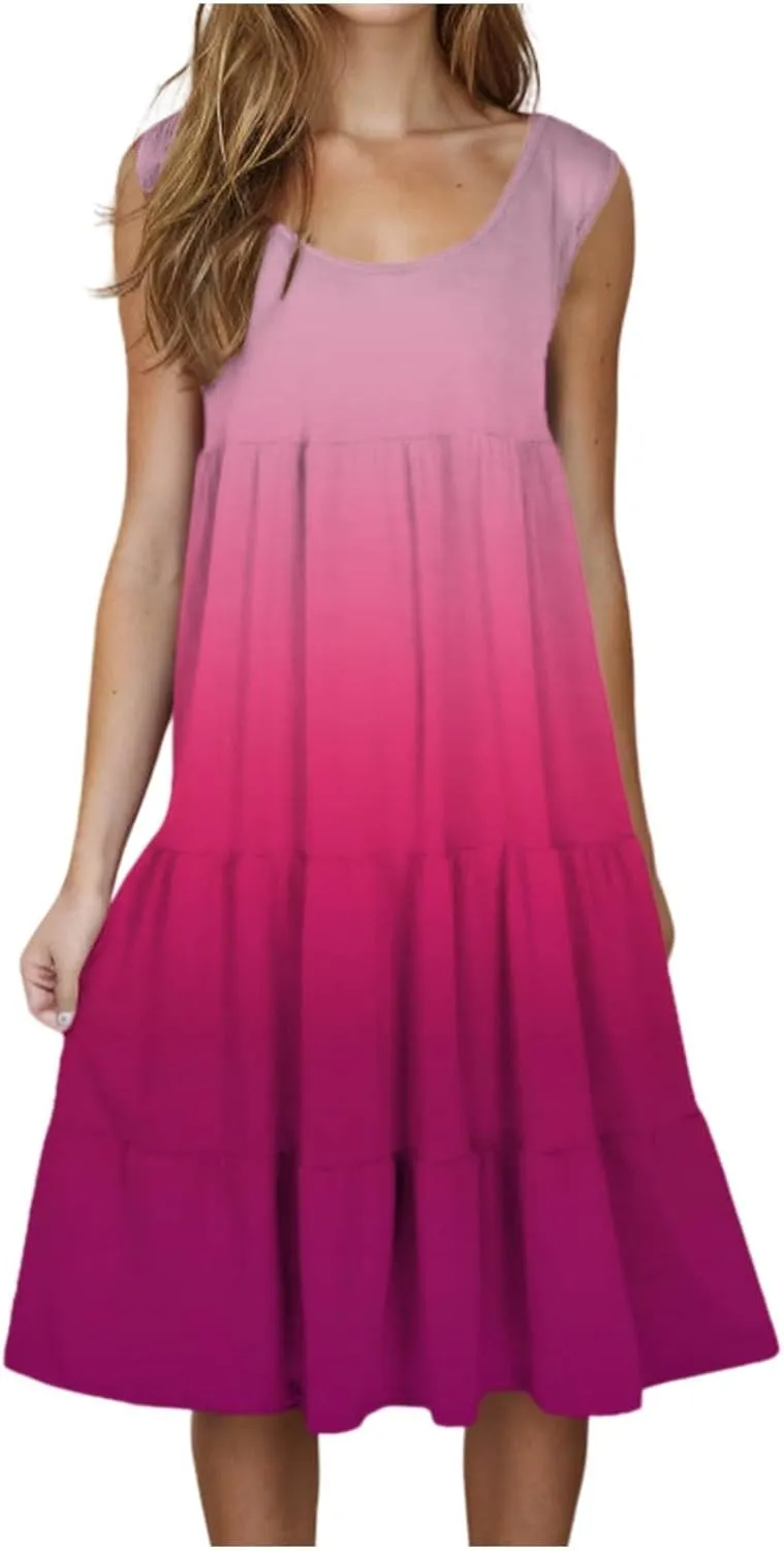Women's Summer Elegant Dress Sleeveless Round Neck Fashion Skirts Pleated Comfy Gradient Color Dresses Walking