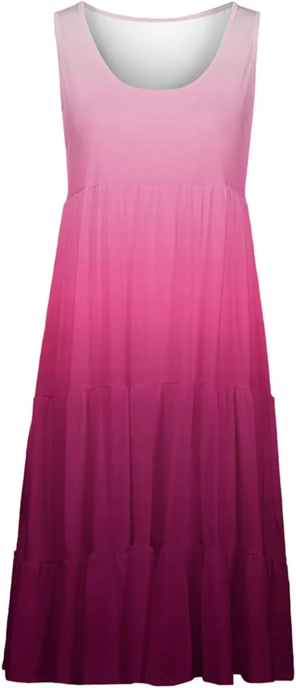 Women's Summer Elegant Dress Sleeveless Round Neck Fashion Skirts Pleated Comfy Gradient Color Dresses Walking