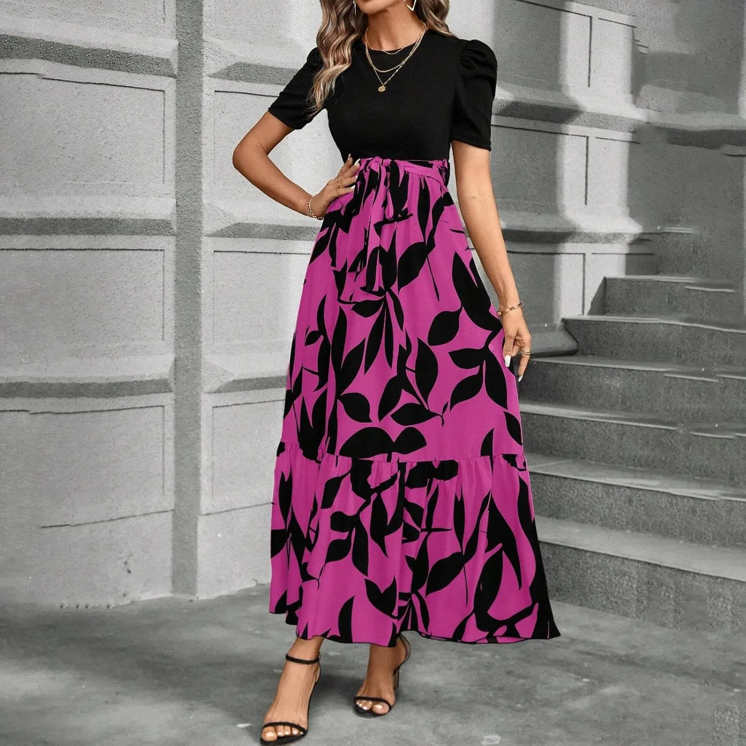 Women's Summer Maxi Dress Casual 2025 Trendy Short Sleeve Long Dresses Ruffle Hem A Line Beach Sundress Flowy Elegant