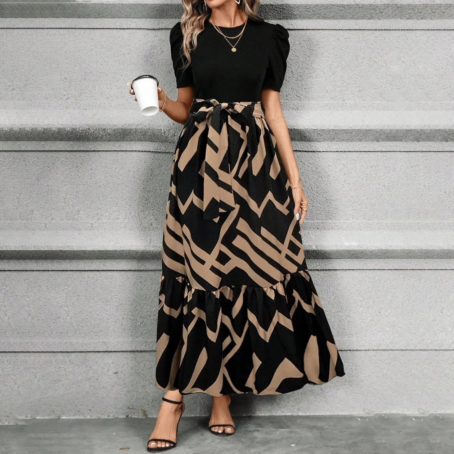 Women's Summer Maxi Dress Casual 2025 Trendy Short Sleeve Long Dresses Ruffle Hem A Line Beach Sundress Flowy Elegant