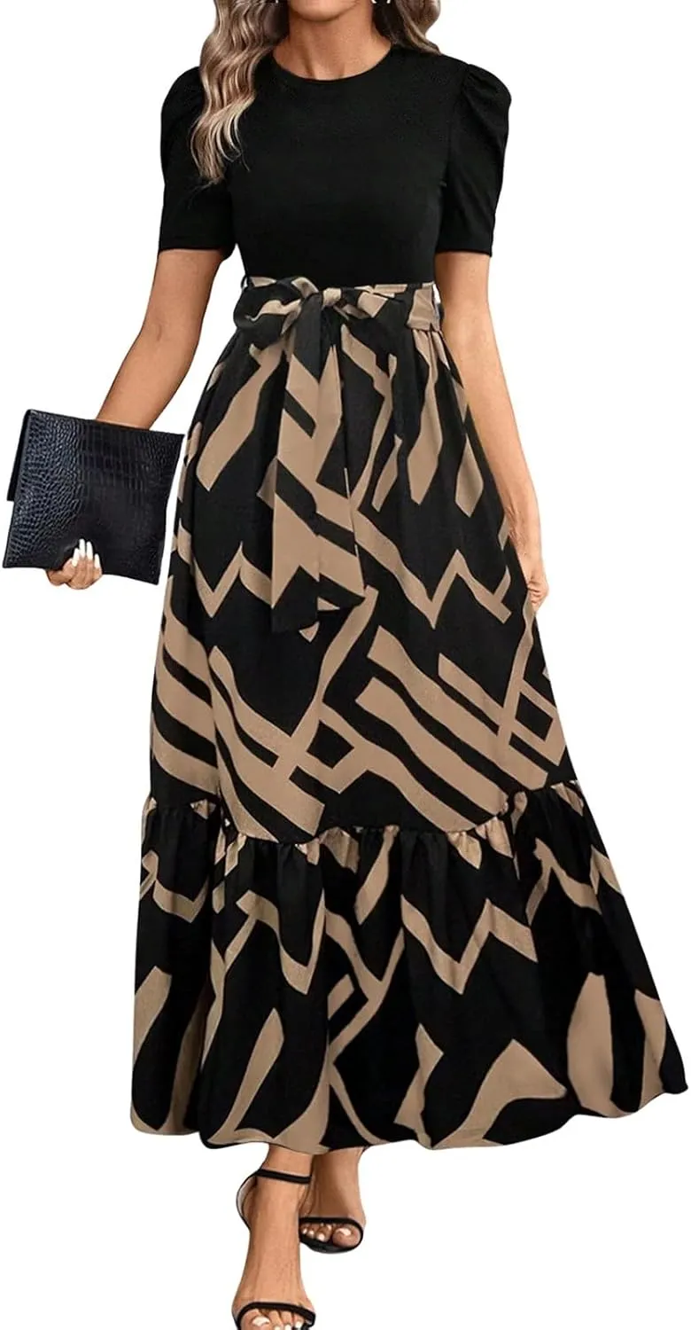 Women's Summer Maxi Dress Casual 2025 Trendy Short Sleeve Long Dresses Ruffle Hem A Line Beach Sundress Flowy Elegant