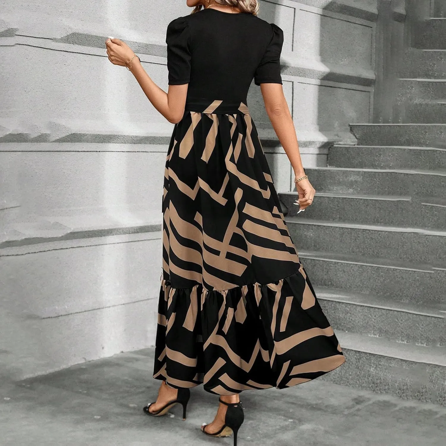 Women's Summer Maxi Dress Casual 2025 Trendy Short Sleeve Long Dresses Ruffle Hem A Line Beach Sundress Flowy Elegant