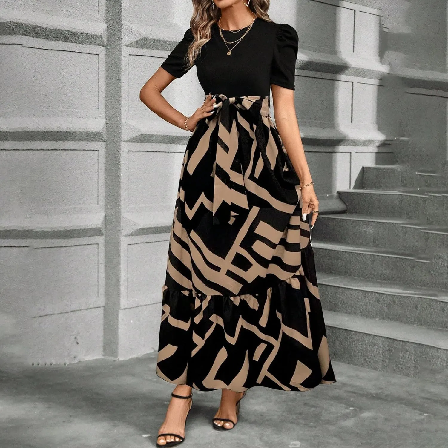 Women's Summer Maxi Dress Casual 2025 Trendy Short Sleeve Long Dresses Ruffle Hem A Line Beach Sundress Flowy Elegant