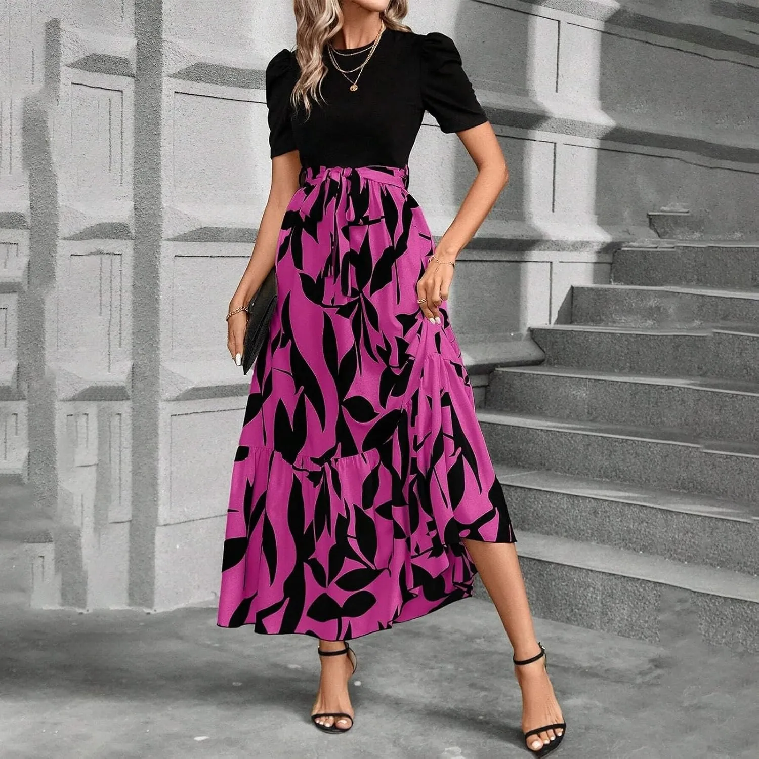 Women's Summer Maxi Dress Casual 2025 Trendy Short Sleeve Long Dresses Ruffle Hem A Line Beach Sundress Flowy Elegant