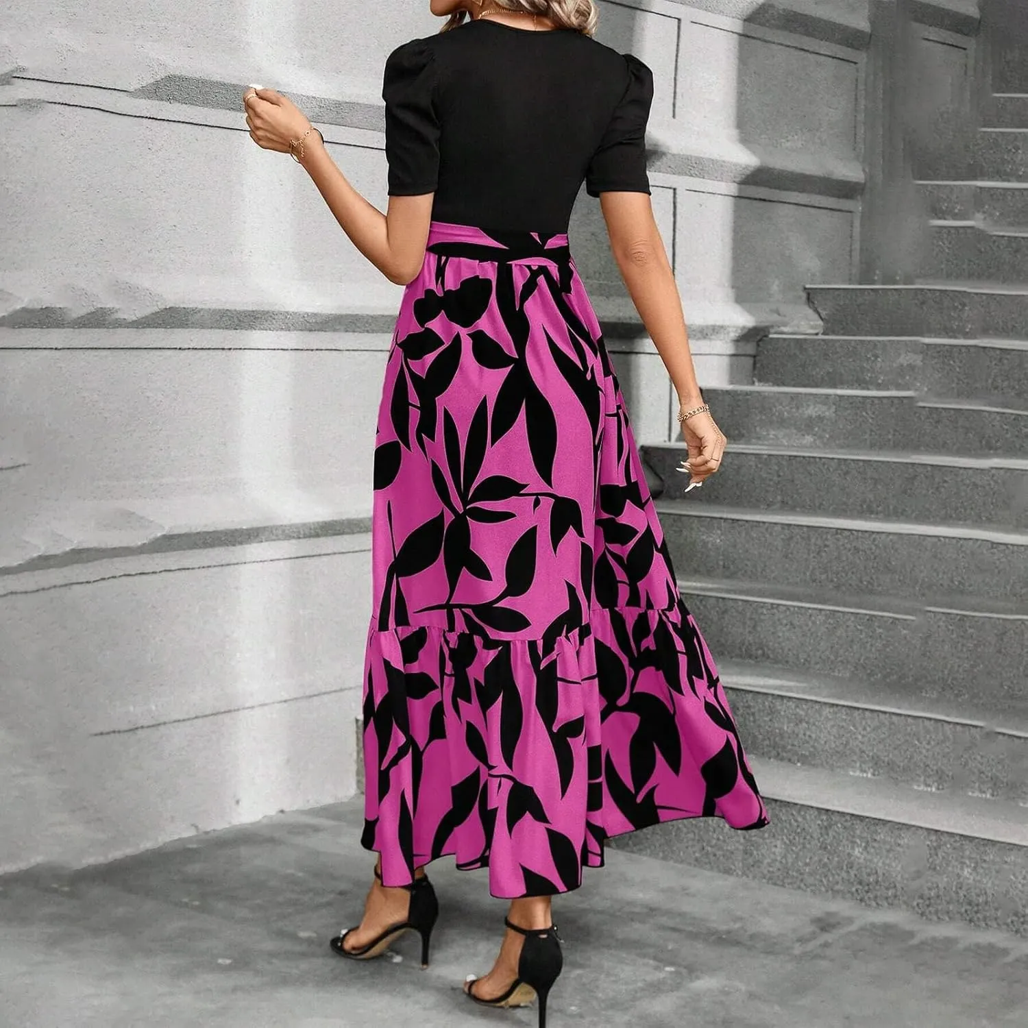 Women's Summer Maxi Dress Casual 2025 Trendy Short Sleeve Long Dresses Ruffle Hem A Line Beach Sundress Flowy Elegant