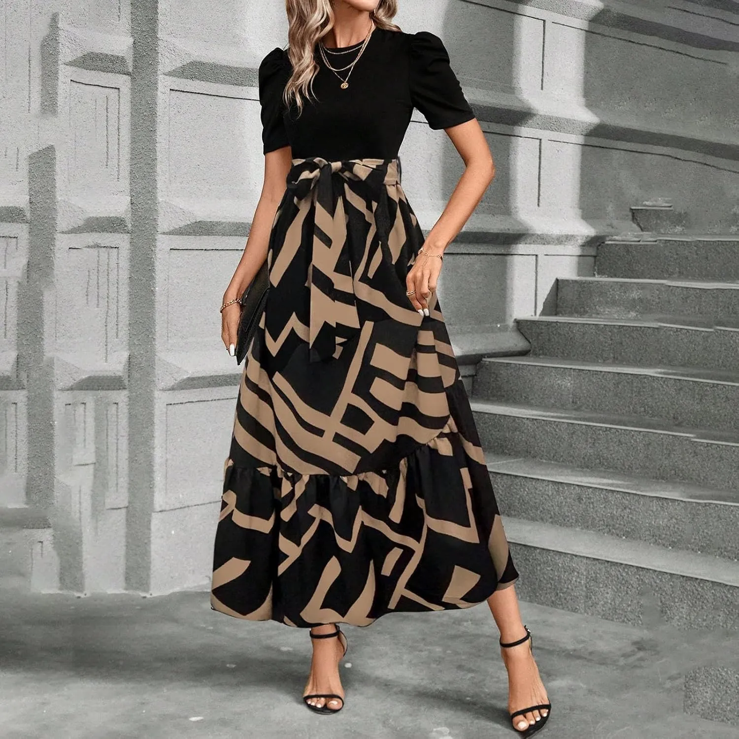 Women's Summer Maxi Dress Casual 2025 Trendy Short Sleeve Long Dresses Ruffle Hem A Line Beach Sundress Flowy Elegant