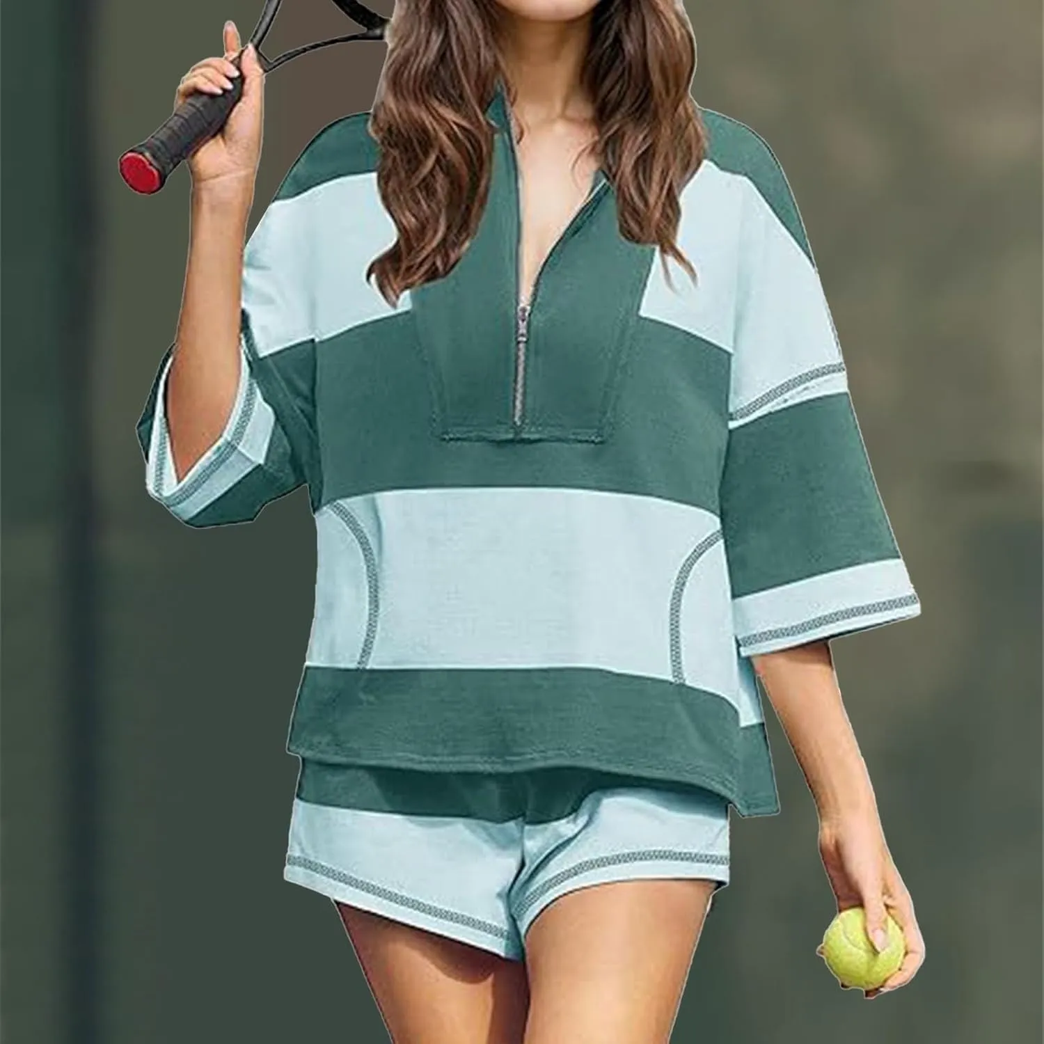 Women's Summer Striped Workout Set Two Piece Outfit Tracksuit Oversized Lounge Set Top and Shorts Sets with Pockets