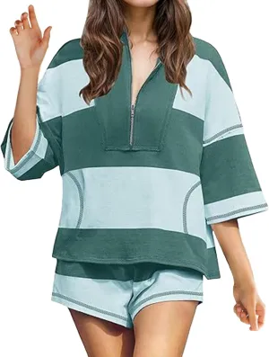 Women's Summer Striped Workout Set Two Piece Outfit Tracksuit Oversized Lounge Set Top and Shorts Sets with Pockets
