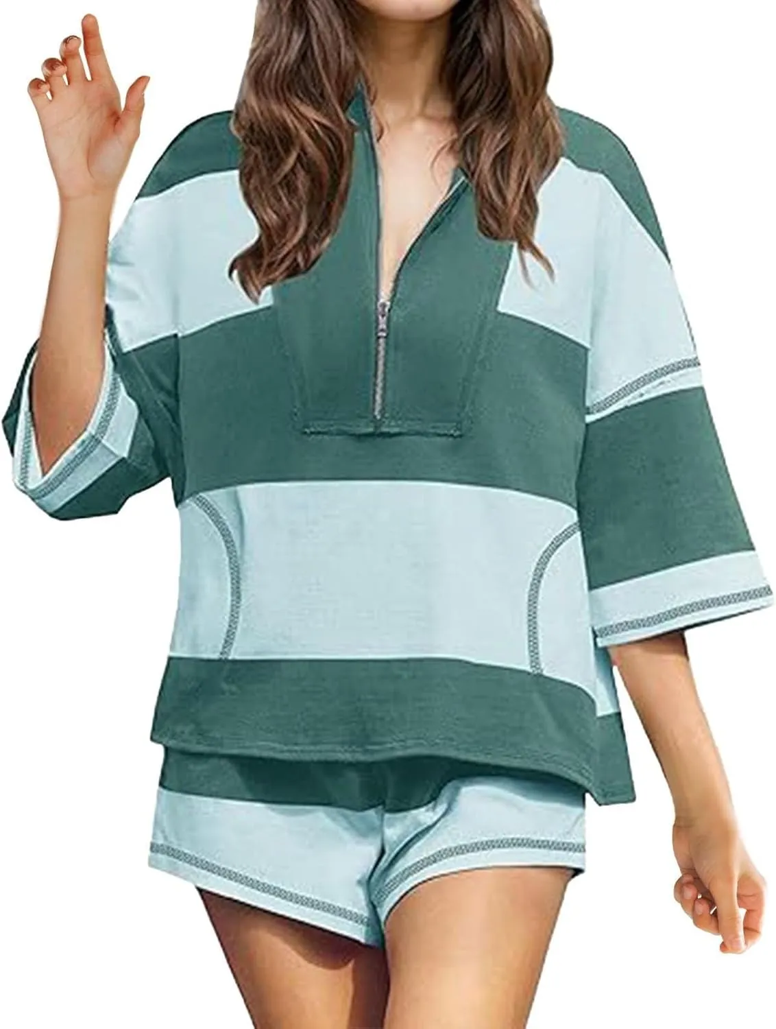 Women's Summer Striped Workout Set Two Piece Outfit Tracksuit Oversized Lounge Set Top and Shorts Sets with Pockets