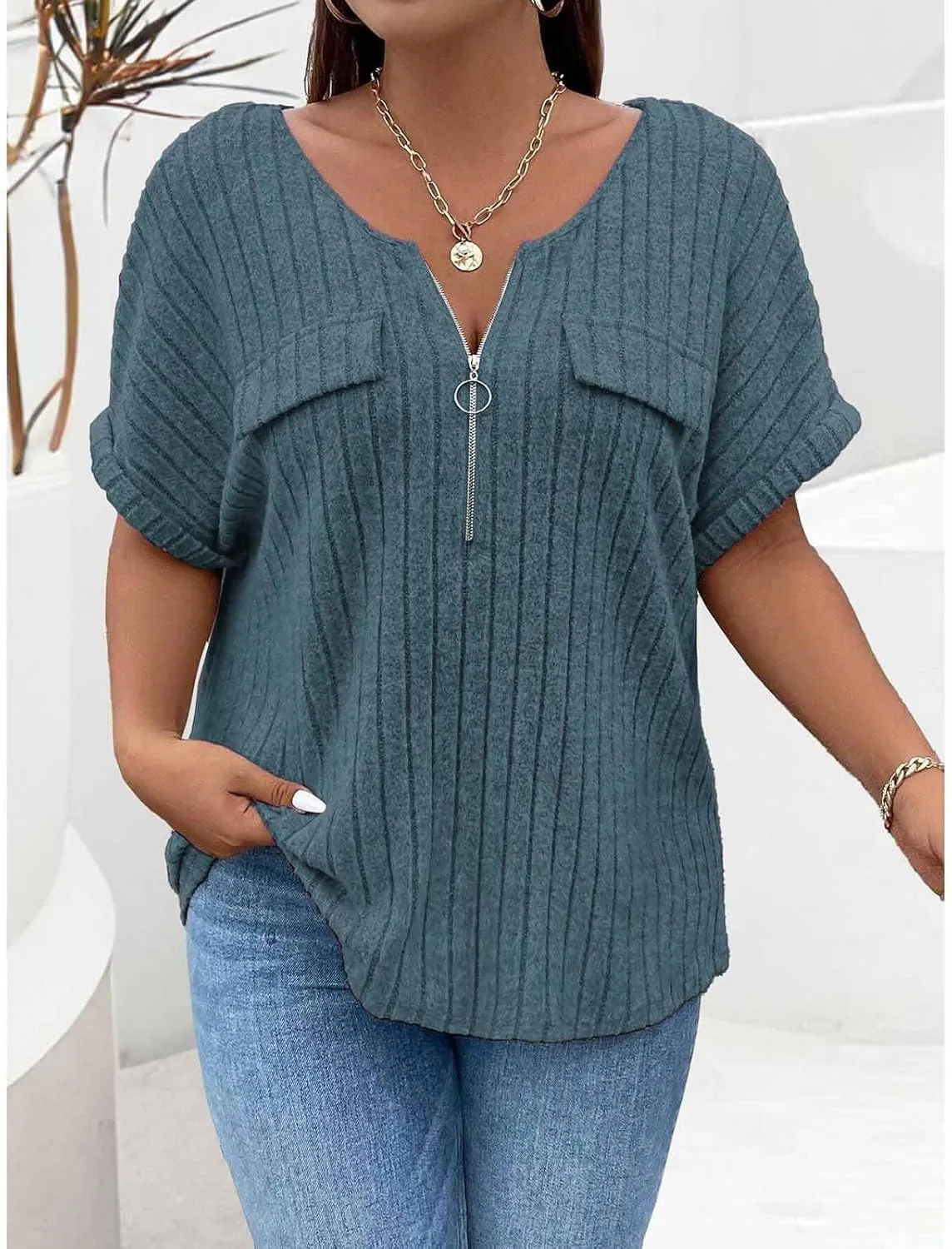 Womens Top Dressy Casual Short Sleeve Blouses V Neck Shirts 2025 Trendy Summer Loose Fit Zip-up Work Layering Shirts