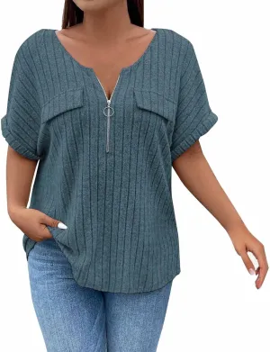 Womens Top Dressy Casual Short Sleeve Blouses V Neck Shirts 2025 Trendy Summer Loose Fit Zip-up Work Layering Shirts