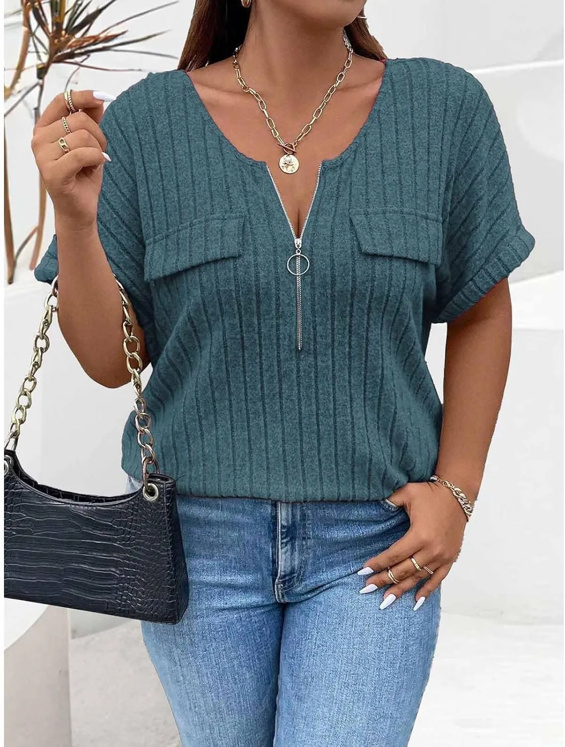 Womens Top Dressy Casual Short Sleeve Blouses V Neck Shirts 2025 Trendy Summer Loose Fit Zip-up Work Layering Shirts
