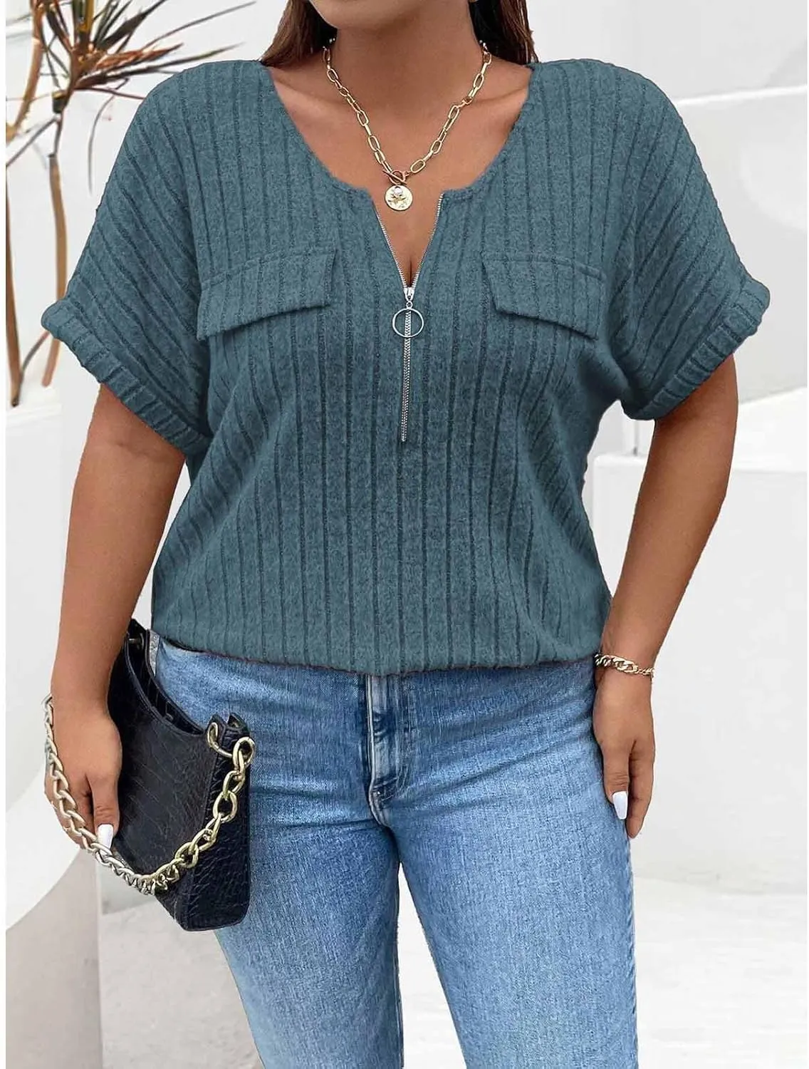 Womens Top Dressy Casual Short Sleeve Blouses V Neck Shirts 2025 Trendy Summer Loose Fit Zip-up Work Layering Shirts