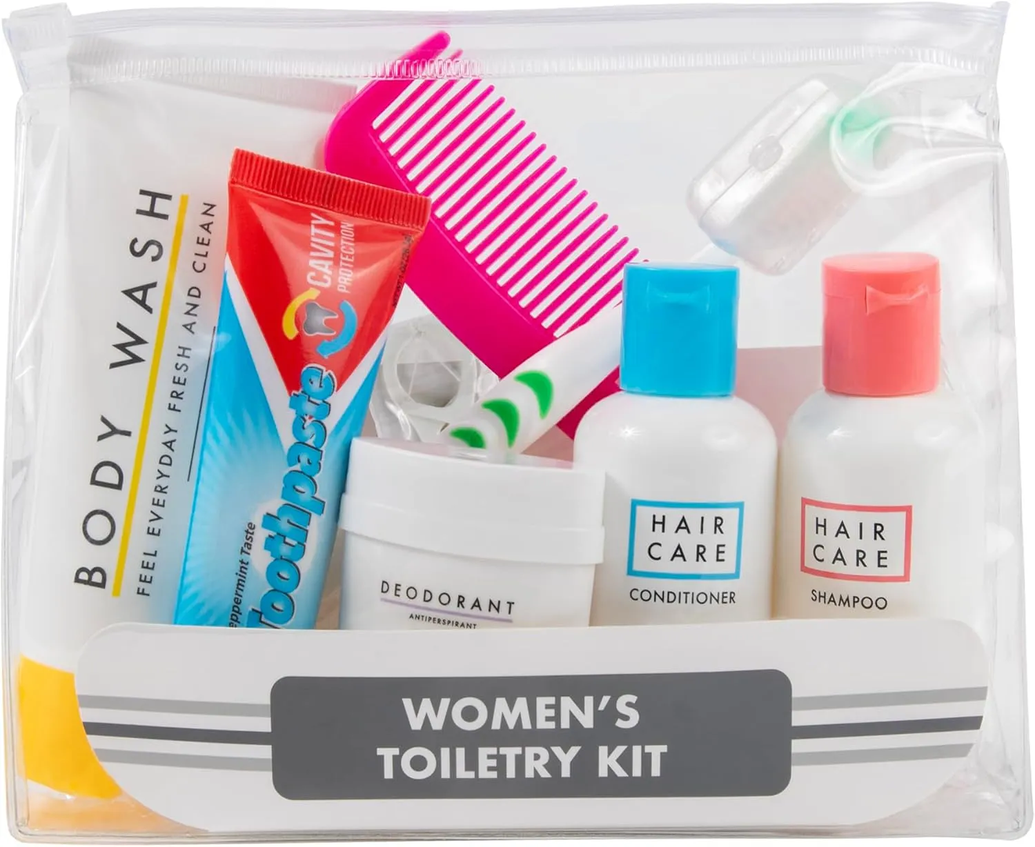 Women’s Travel Toiletry Bag with Supplies, 15 Piece Travel Size TSA Compliant Oral Care and Grooming Essentials Kit