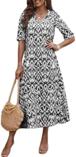 Women's V-Neck Floral Maxi Dress Ruffled Half Sleeves Loose Beach Casual Summer Long Dress with Fringed Drawstring