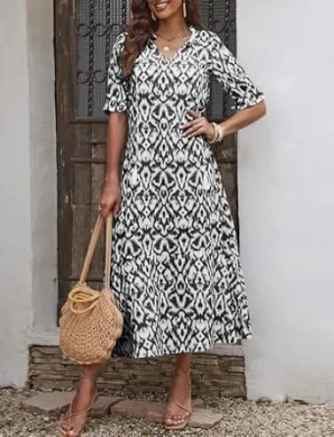 Women's V-Neck Floral Maxi Dress Ruffled Half Sleeves Loose Beach Casual Summer Long Dress with Fringed Drawstring