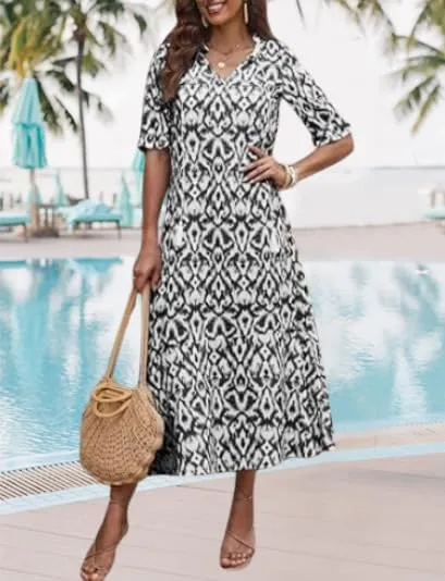 Women's V-Neck Floral Maxi Dress Ruffled Half Sleeves Loose Beach Casual Summer Long Dress with Fringed Drawstring