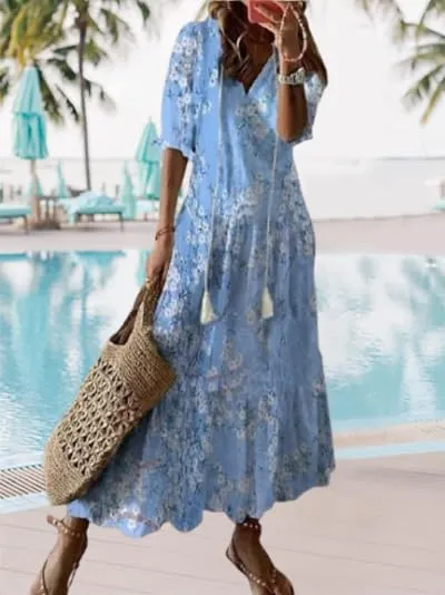 Women's V-Neck Floral Maxi Dress Ruffled Half Sleeves Loose Beach Casual Summer Long Dress with Fringed Drawstring